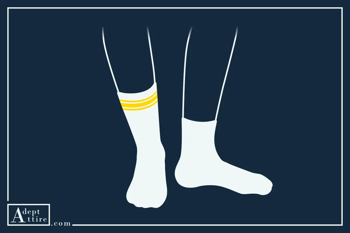 Schematic View Of A White Crew Cut Length Sock With Gold Stripes And A White Quarter Crew Sock